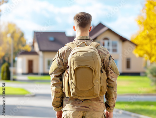 A military man with a backpack walking towards a suburban house. The concept of returning home, family, and the transition between service and civilian life.