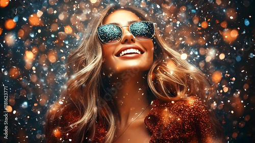 Woman Smiles Wearing Glitte...