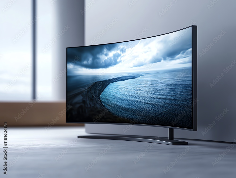 Fototapeta premium Modern curved TV showcasing stunning visuals.