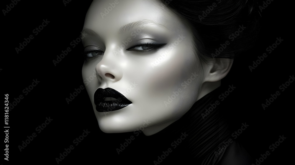 Fototapeta premium Dark Lipstick Makeup Look Creates Dramatic Contrast Elegantly