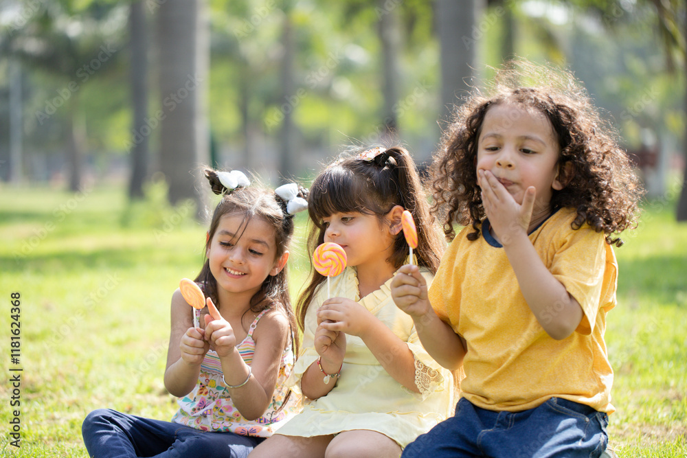 Group Of Children Eating Candy Lollipop Group Of Children Eating Candy Lollipop