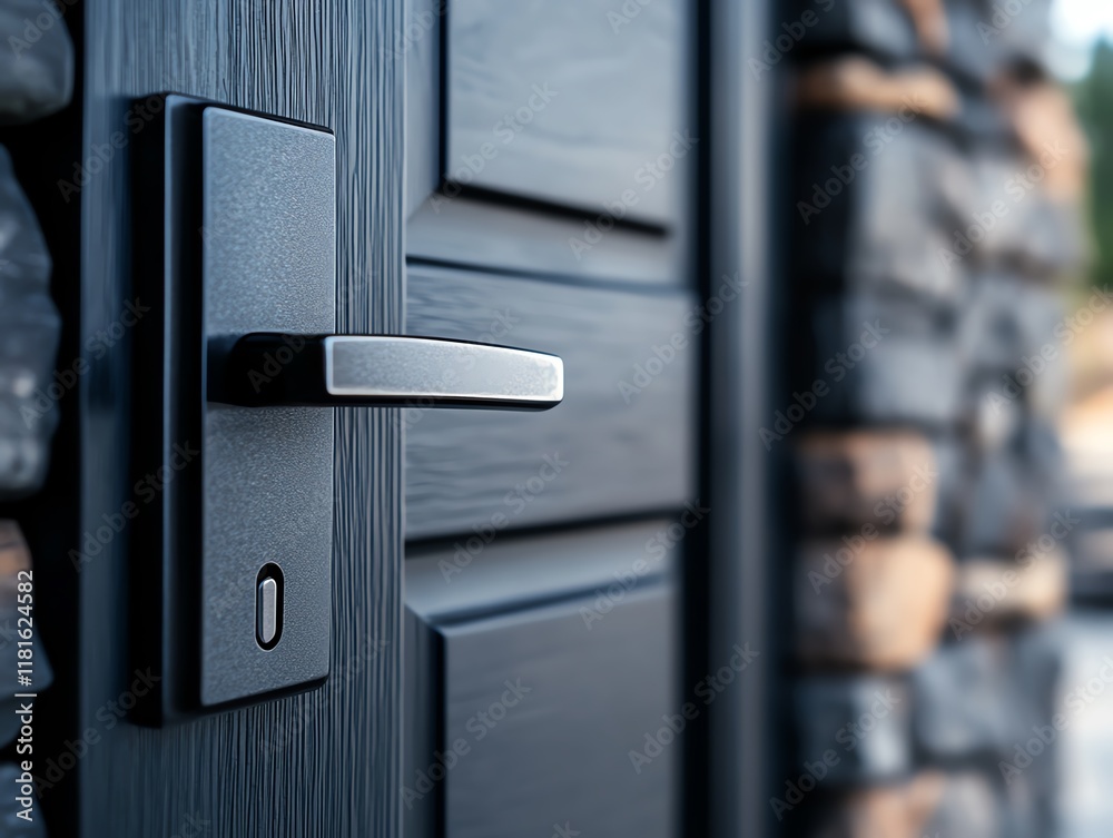 Modern door handle on wooden door close-up. Modern door handle on wooden door close-up.