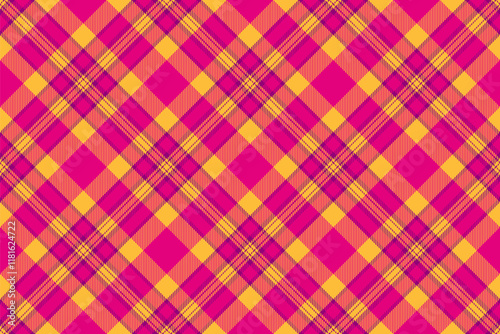 Wide seamless textile pattern, tablecloth tartan check vector. Diamond background fabric plaid texture in amber and mexican pink colors.