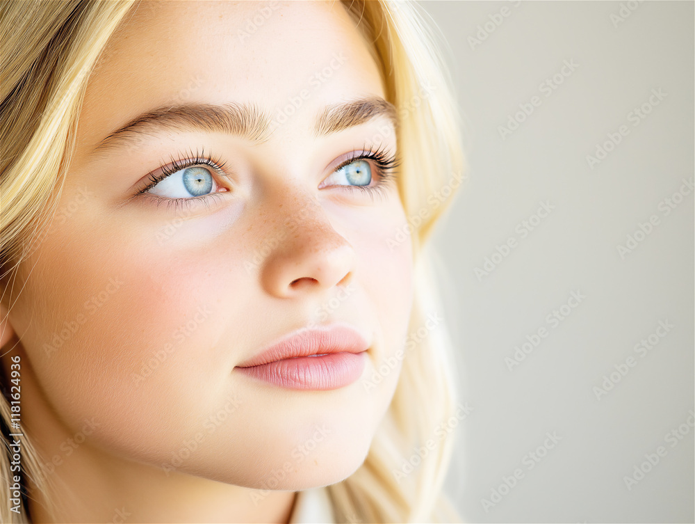 Naklejka premium Close-up portrait of a young woman with blonde hair and blue eyes looking into the distance, expressing hope and positivity. Ideal for concepts of dreams and aspirations.