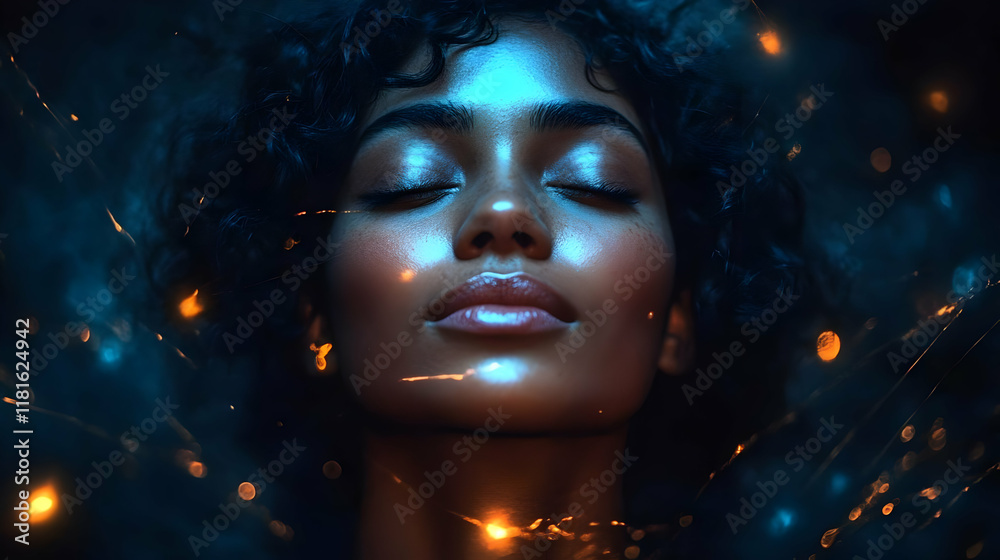 Face Glowing Skin with Closed Eyes Shines Brightly Under Sparkles Face Glowing Skin with Closed Eyes Shines Brightly Under Sparkles
