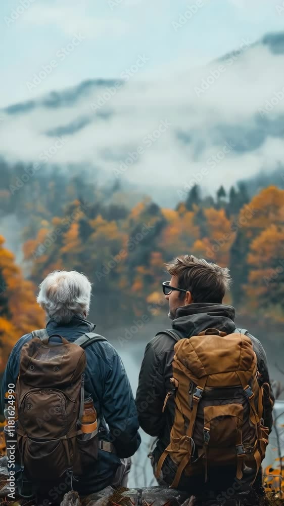 Man enjoying trekking day with his old father sitting looking at amazing mountain Man enjoying trekking day with his old father sitting looking at amazing mountain