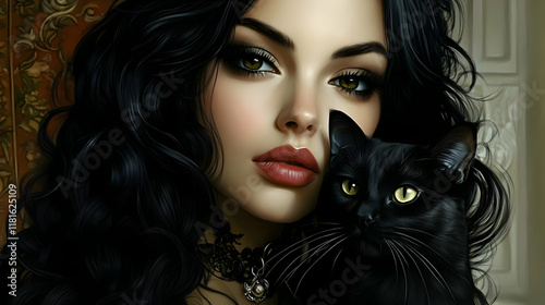 Woman with Black Cat Poses ...