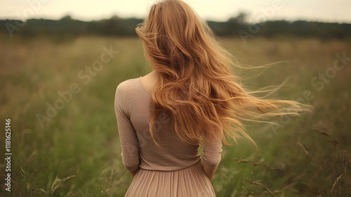 Woman with Long Hair Stands...