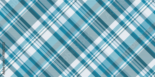 Bandanna fabric seamless plaid, towel background tartan texture. Herringbone vector check textile pattern in cyan and white colors.