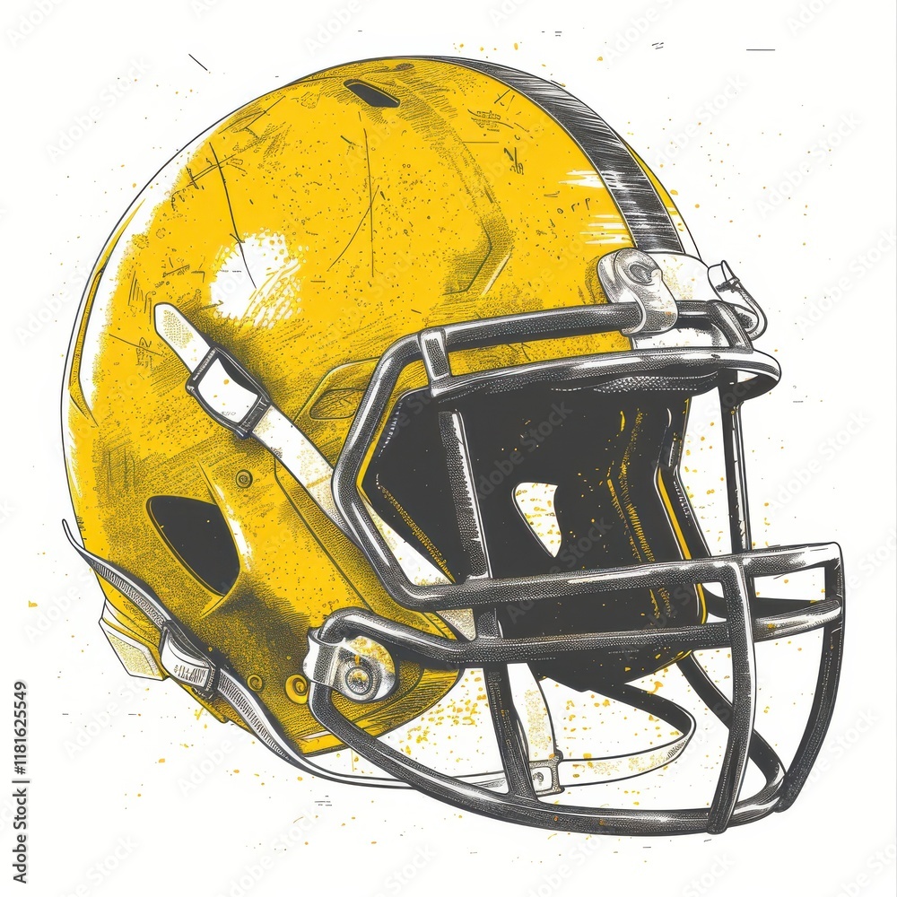 Fototapeta premium Detailed illustration of a yellow football helmet with a black faceguard on a clean background showcasing sports equipment
