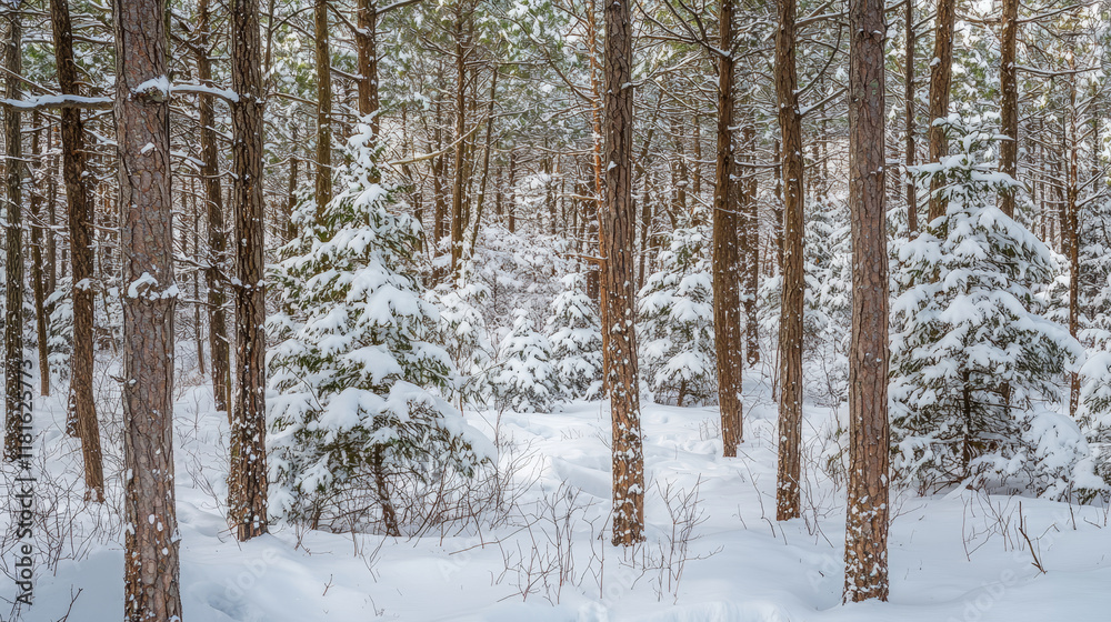 Wintery Forest Landscape with Snow-Covered Trees and Soft Seasonal Light Wintery Forest Landscape with Snow-Covered Trees and Soft Seasonal Light