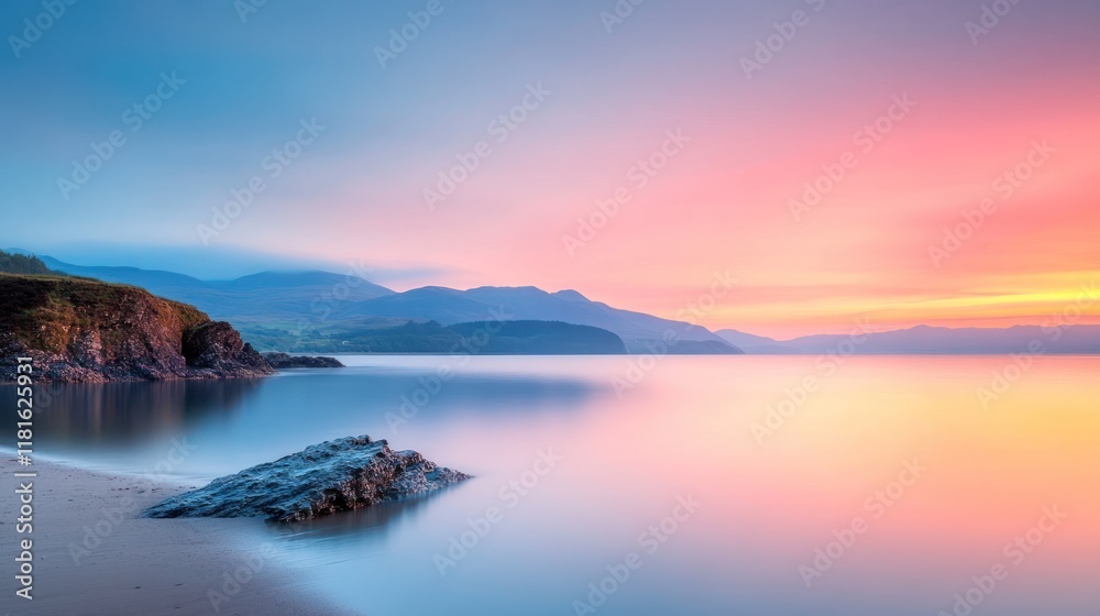 Obraz premium Serene sunset over coastal landscape beach tranquil environment wide angle natural beauty