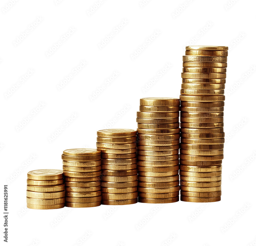 Tall stack of shiny gold coins with detailed engravings, symbol of wealth, investment, and prosperity isolated on transparent background Tall stack of shiny gold coins with detailed engravings, symbol of wealth, investment, and prosperity isolated on transparent background