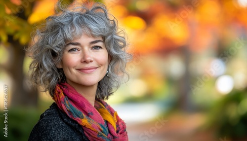 Contemplative Beauty A Woman With Silver Hair Finds Peace In Autumn s Colorful Embrace. photo