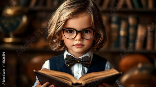 Child Reads Book in Library...