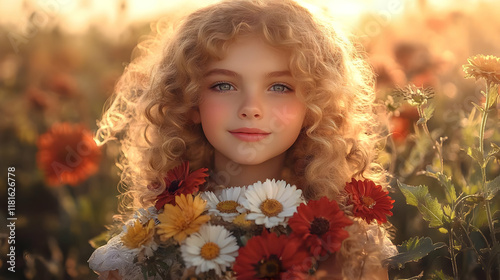 Girl Holds Flowers in Field...
