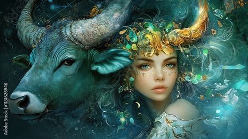 Zodiac Sign Character Illustration of Taurus, Astrological sign personification, Beautiful Taurus girl, Future telling, Horoscope, Alchemy, Spirituality, Occultism 