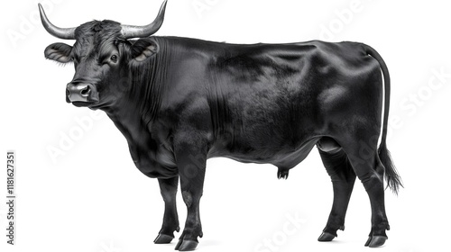 Strong black ox with large horns standing in profile view, isolated on a white background, showcasing its powerful physique and imposing presence