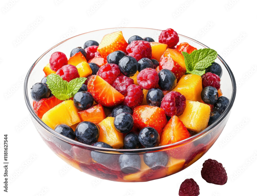 Bowl of colorful fresh fruit salad with mint leaves, vibrant mix of strawberries, blueberries, raspberries, and mangoes, healthy dessert isolated on transparent background
