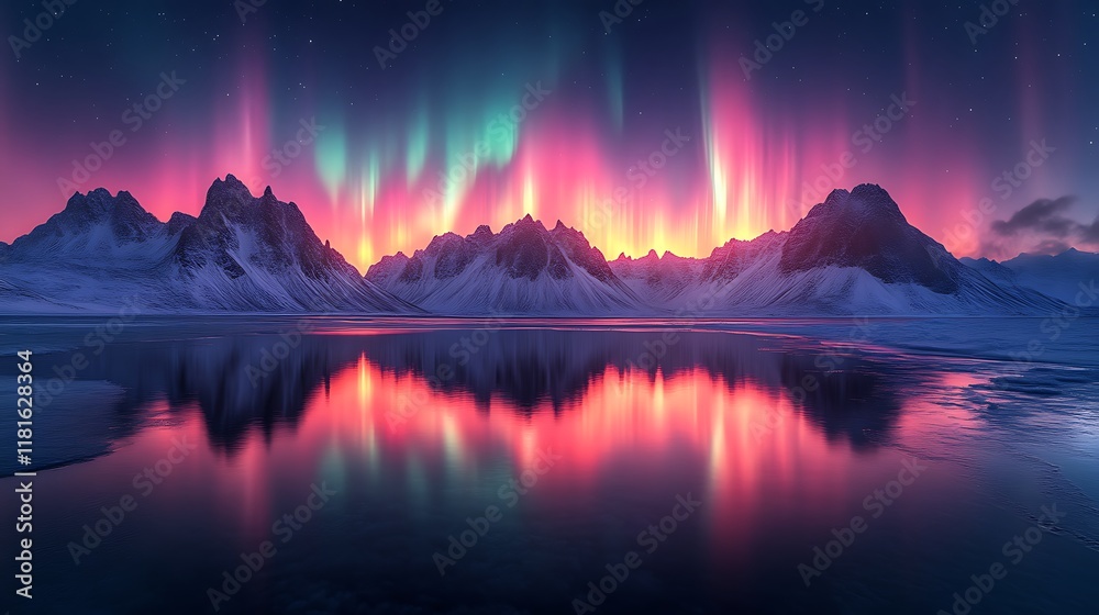 Vibrant aurora borealis reflected in a calm, icy lake, illuminating snow-covered mountains. Vibrant aurora borealis reflected in a calm, icy lake, illuminating snow-covered mountains.