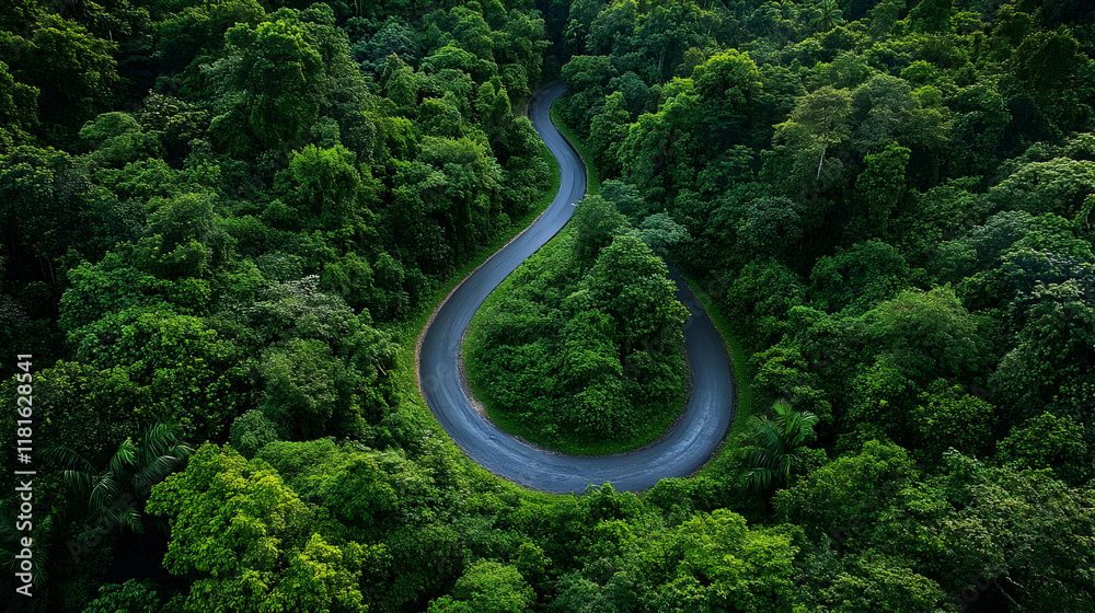Obraz premium Winding Road Through Lush Green Forest Creates Scenic Drive