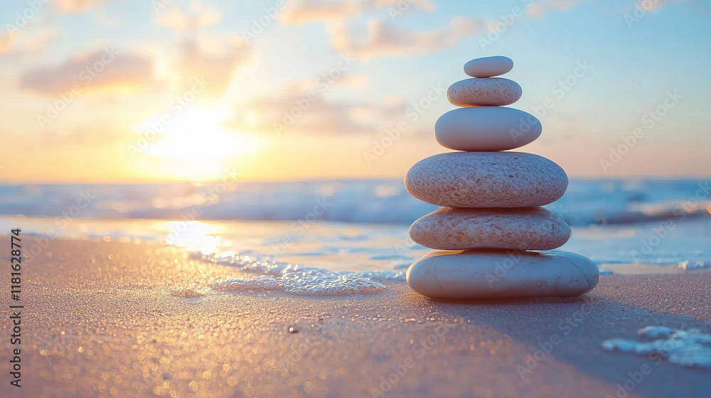 Stacked smooth stones on a sandy beach during a vibrant sunset Stacked smooth stones on a sandy beach during a vibrant sunset
