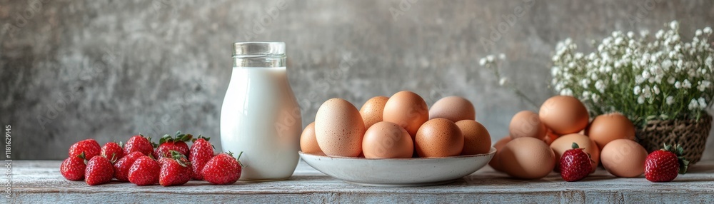 Rustic Charm A Cozy Family Breakfast Scene Featuring Fresh Farm Eggs, Juicy Strawberries, and Creamy Milk Enjoy this heartwarming image of a simple, wholesome rural breakfast, perfect for your Rustic Charm A Cozy Family Breakfast Scene Featuring Fresh Farm Eggs, Juicy Strawberries, and Creamy Milk Enjoy this heartwarming image of a simple, wholesome rural breakfast, perfect for your