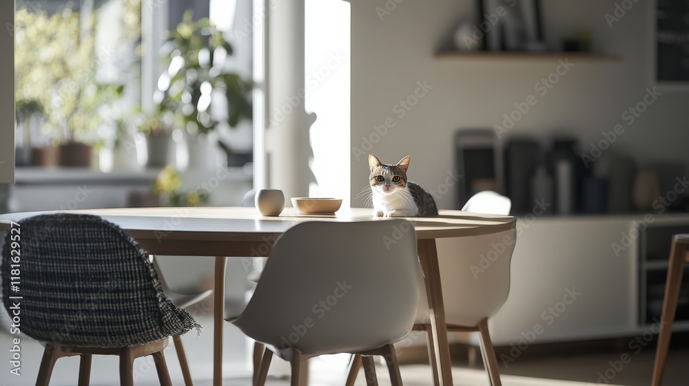 A cozy dining area with a cat sitting at the table, enjoying a sunny day. Modern chairs and a peaceful atmosphere invite relaxation. A cozy dining area with a cat sitting at the table, enjoying a sunny day. Modern chairs and a peaceful atmosphere invite relaxation.