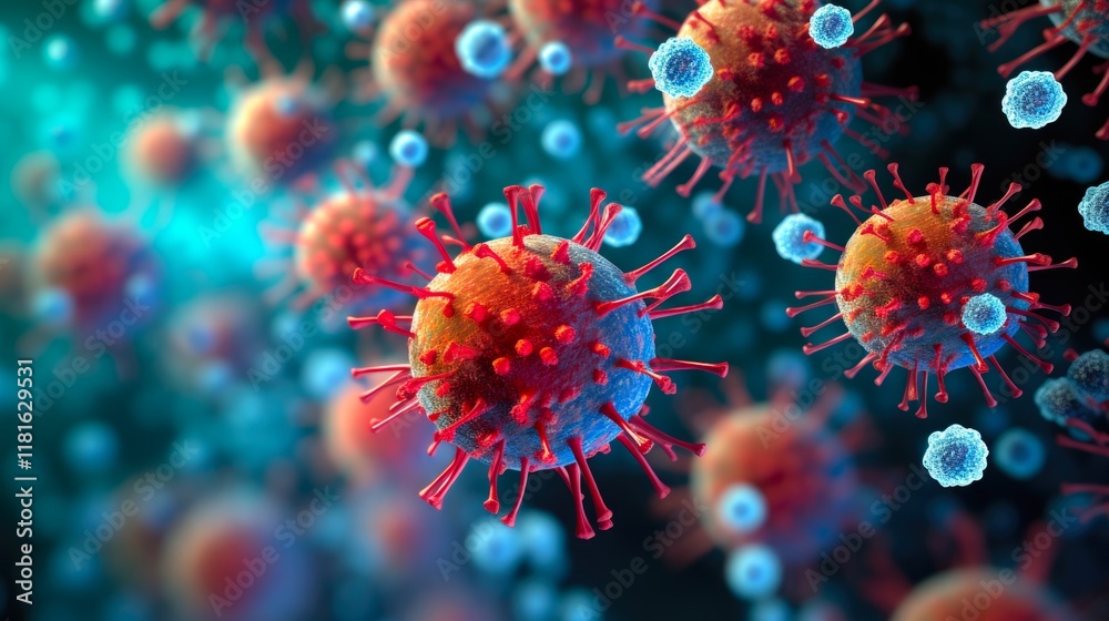 Airborne Virus Concept in 3D Rendering. Spike-shaped Respiratory Syncytial (RSV) Virus causing Cold, Flu and Common Diseases on Colorful Background Airborne Virus Concept in 3D Rendering. Spike-shaped Respiratory Syncytial (RSV) Virus causing Cold, Flu and Common Diseases on Colorful Background