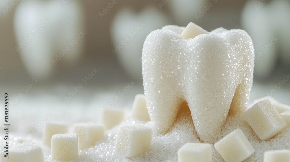 Tooth with sugar cubes forming a base and scattered sugar grains, illustrating the link between sugar intake and tooth decay. Tooth with sugar cubes forming a base and scattered sugar grains, illustrating the link between sugar intake and tooth decay.