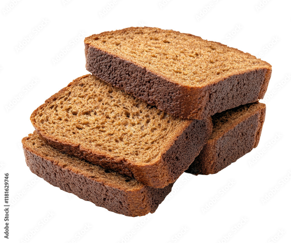 Stack of sliced brown bread with textured crust and soft interior, close-up view of fresh baked food for breakfast or meals, isolated on transparent background Stack of sliced brown bread with textured crust and soft interior, close-up view of fresh baked food for breakfast or meals, isolated on transparent background