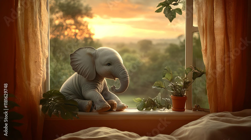 Baby Elephant Sits Peaceful...