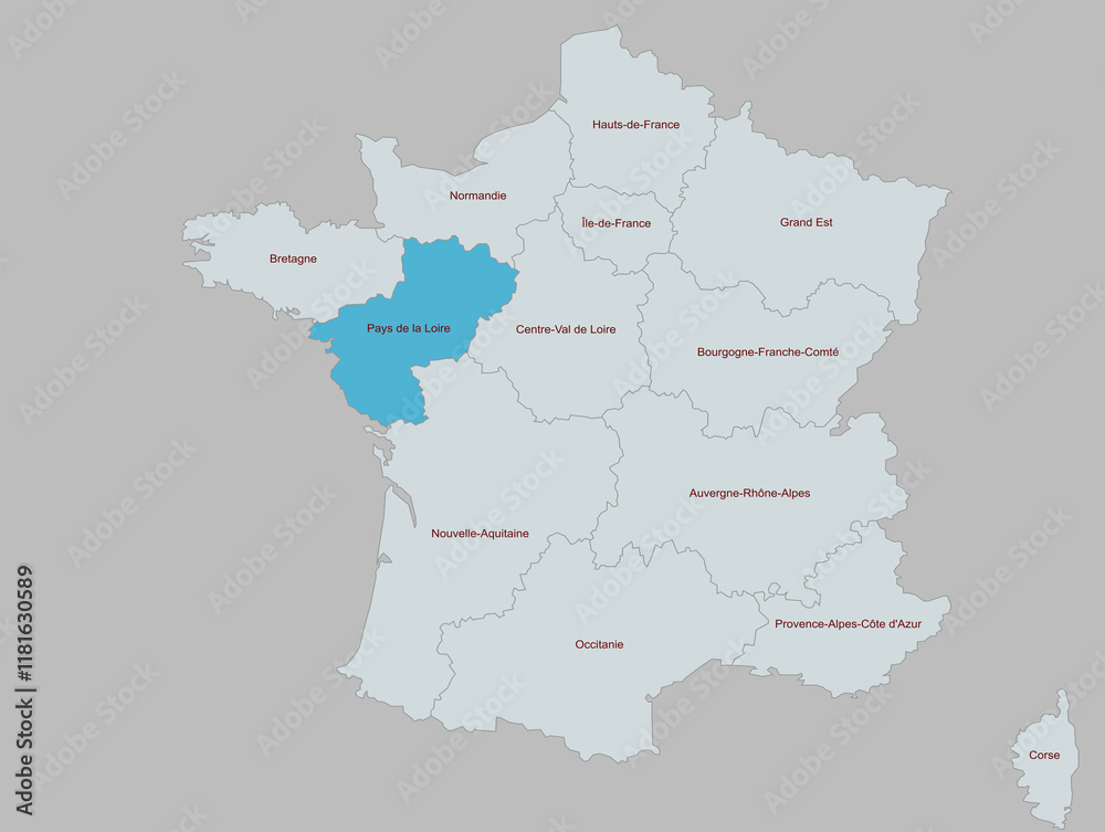 Obraz premium Detailed Map Highlighting Pays de la Loire Region of France
