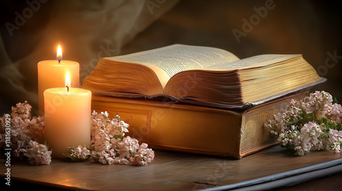 Open Book, Lit Candles, and...