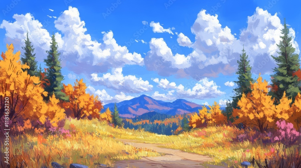 Autumnal Mountain Path Scenic Vista with Golden Trees Autumnal Mountain Path Scenic Vista with Golden Trees