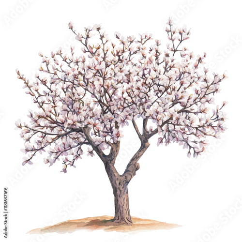 A watercolor of an almond tree, isolated on a white background. Almond tree vector.
