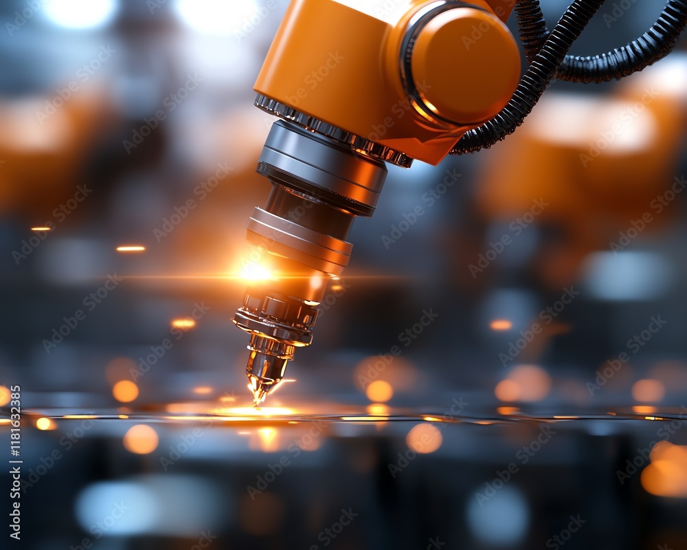 Robotic arm performing precision manufacturing. Robotic arm performing precision manufacturing.