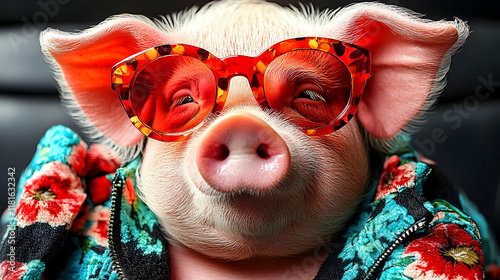 Pig Wears Red Sunglasses an...