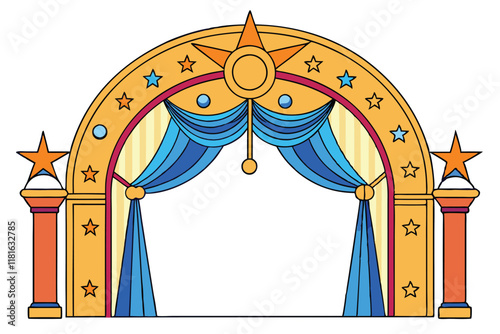 Artistic depiction of Ramadan Islamic elements with vibrant golden archways and decorative stars, ideal for cultural designs