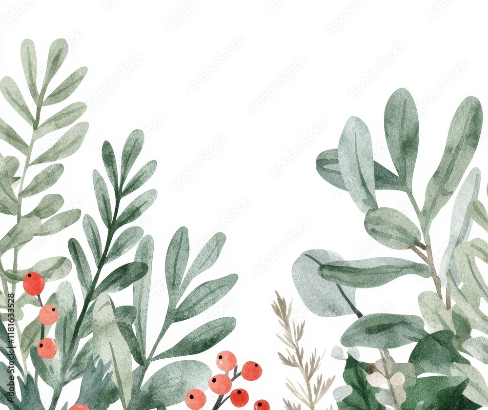 Naklejka premium A watercolor composition of a Christmas bouquet with winter foliage, flowers, and berries.