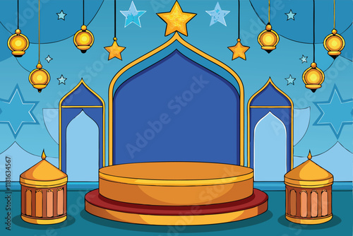 Beautiful Ramadan Islamic Background with crescent moon, vibrant mosques, hanging lanterns, and intricate podium designs