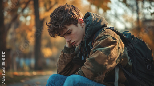 One sad boy teenager outdoor looking down for stress or depression. Student tired of school education. Sadness and loneliness teen person.