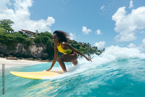Wide angle photo of a young black woman surfing a wave in a tropical beach