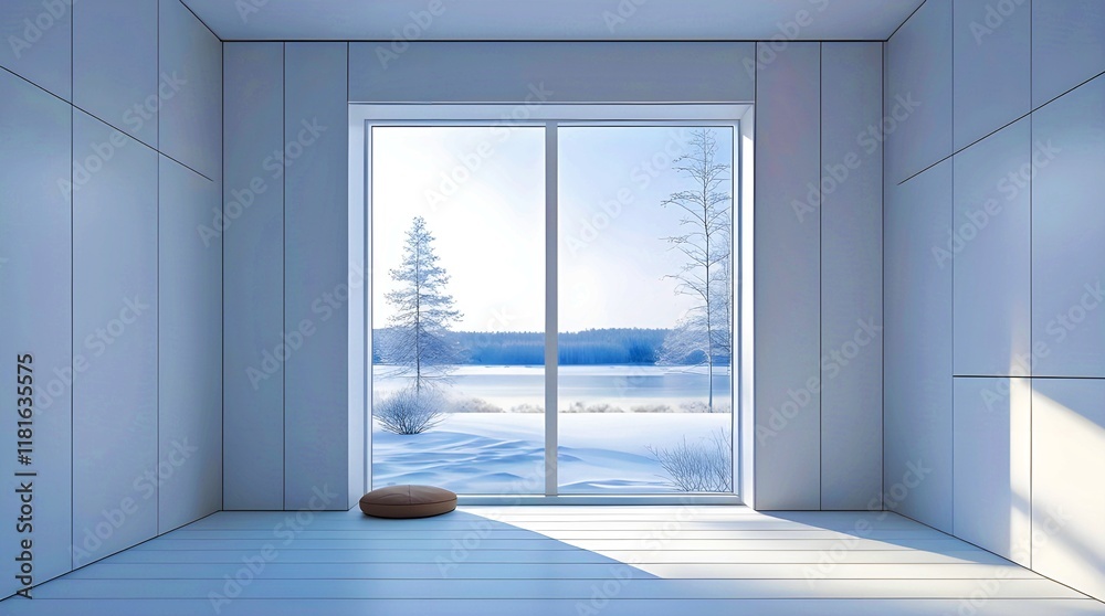 Fototapeta premium Modern Scandinavian Interior with Large Windows Showcasing a Peaceful Winter Landscape