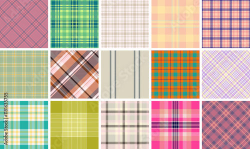 Plaid fabric designs featuring colorful checks and stripes, ideal for textile, wallpaper, or trendy fashion prints.