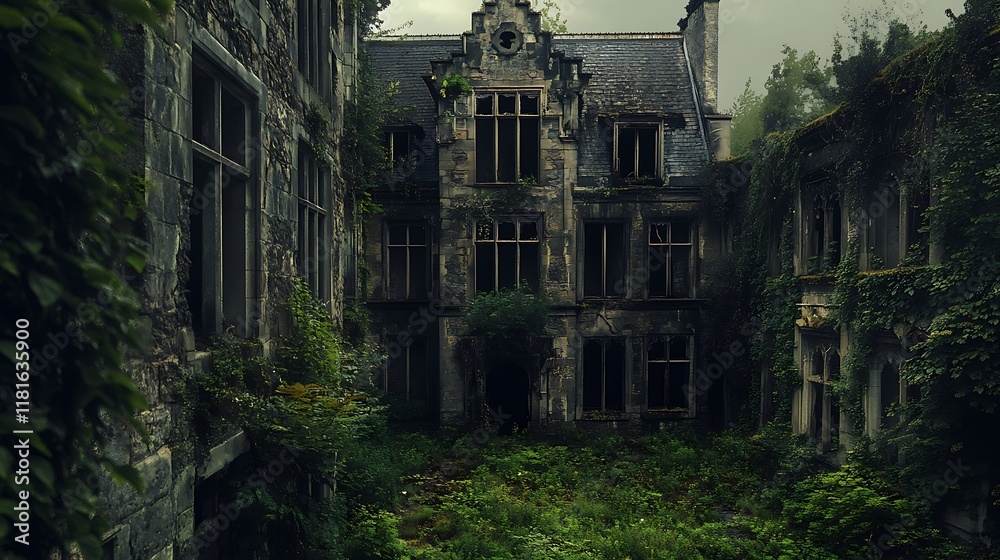 Abandoned Overgrown Mansion Courtyard with Ivy and Vegetation