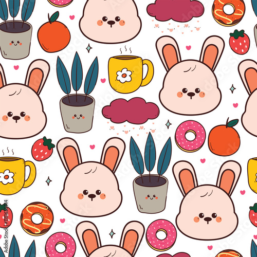 seamless pattern cute cartoon bunny with plant and food. cute animal drawing for wallpaper, pattern, background