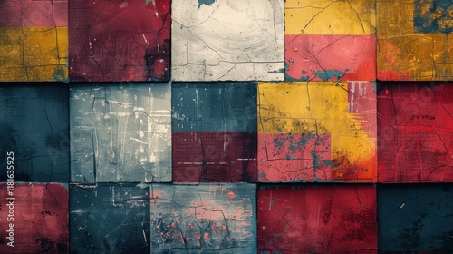 Colorful abstract textured wall with various squares resembling aged paint and wood, showcasing vibrant hues in a creative arrangement photo