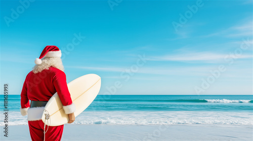 Santa Claus walking on a sunny beach holding a surfboard. The bright blue sky and ocean create a fun and unique take on the classic holiday icon.