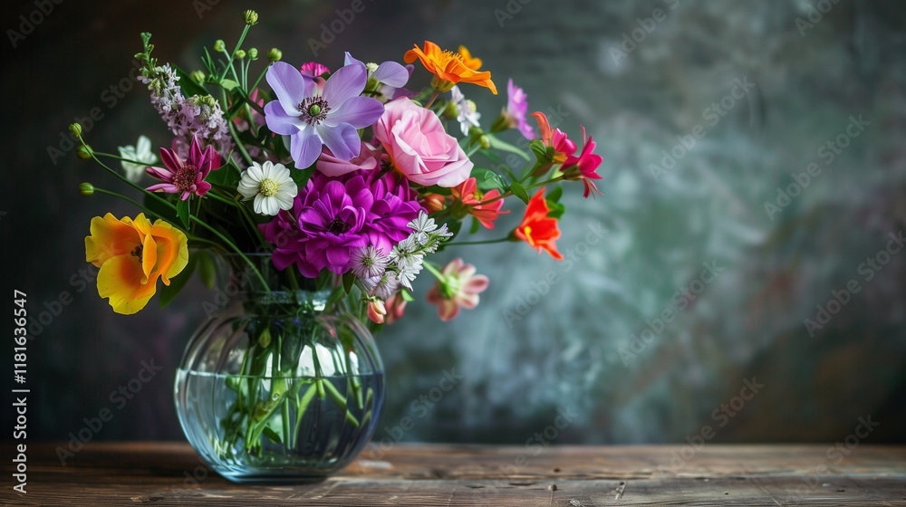 A glass vase filled with mixed colorful flowers on a rustic wooden table, captured with perfect clarity and lighting. A glass vase filled with mixed colorful flowers on a rustic wooden table, captured with perfect clarity and lighting.